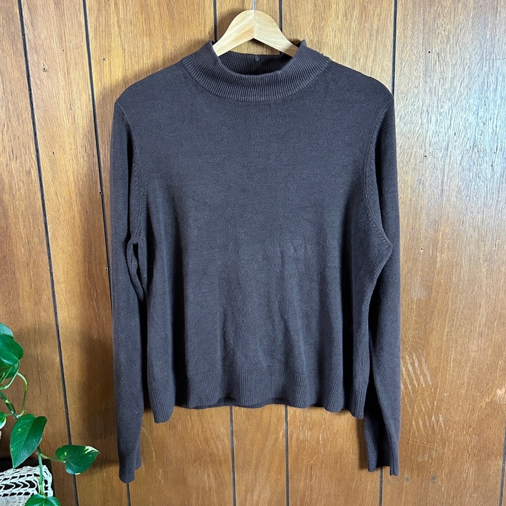 Vintage Mountain Lake Mock Neck Sweater Brown Long‎ Sleeve Back Zip XL